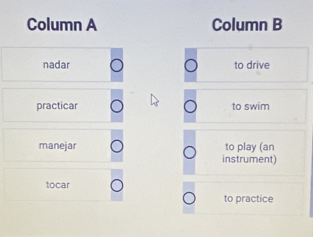 Column A Column B
nadar to drive
practicar to swim
manejar to play (an
instrument)
tocar
to practice