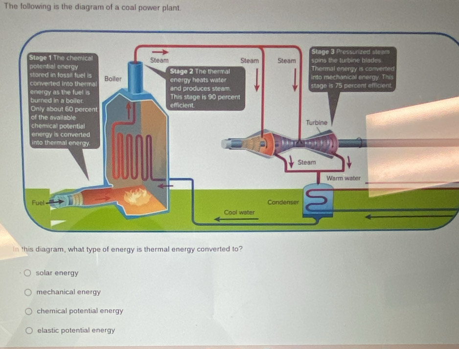 The following is the diagram of a coal power plant.
In this diagram, what type of energy is thermal energy converted to?
solar energy
mechanical energy
chemical potential energy
elastic potential energy