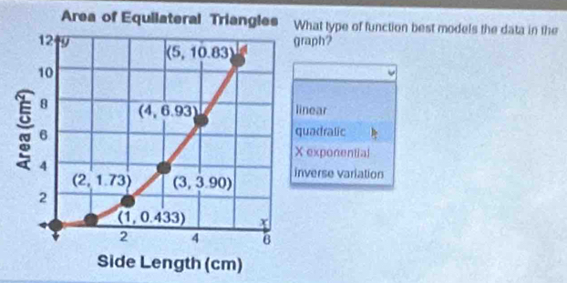 hat type of function best models the data in the
raph?
inear
uadralic
exponential
nverse variation