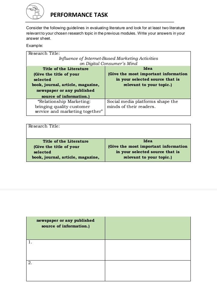 PERFORMANCE TASK 
Consider the following guidelines in evaluating literature and look for at least two literature 
relevant to your chosen research topic in the previous modules. Write your answers in your 
answer sheet. 
Example: