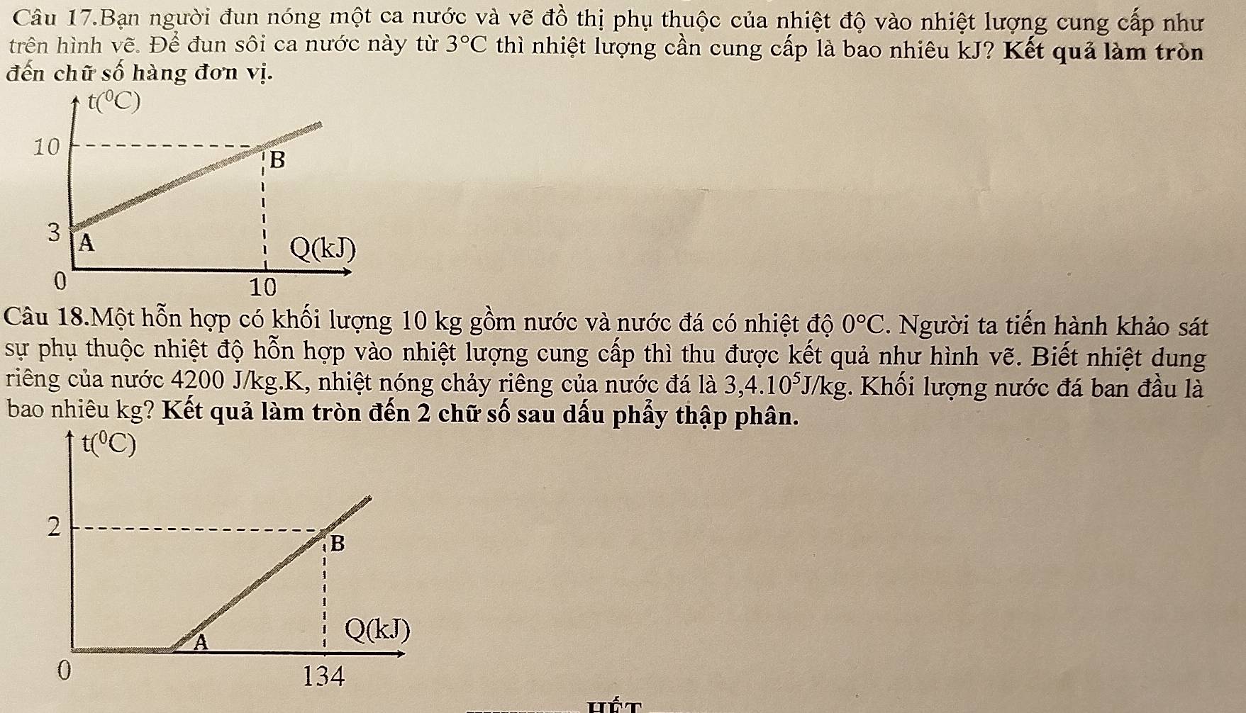 Câu 17.Bạn người đun nóng một ca nước và vẽ đồ thị phụ thuộc của nhiệt độ vào nhiệt lượng cung cấp như
trên hình vẽ. Dhat e đun sôi ca nước này từ 3°C thì nhiệt lượng cần cung cấp là bao nhiêu kJ? Kết quả làm tròn
đến chữ số hàng đơn vị.
Câu 18.Một hỗn hợp có khối lượng 10 kg gồm nước và nước đá có nhiệt độ 0°C. Người ta tiến hành khảo sát
sự phụ thuộc nhiệt độ hỗn hợp vào nhiệt lượng cung cấp thì thu được kết quả như hình vẽ. Biết nhiệt dung
riêng của nước 4200 J/kg.K, nhiệt nóng chảy riêng của nước đá là 3,4.10^5J/kg. Khối lượng nước đá ban đầu là
bao nhiêu kg? Kết quả làm tròn đến 2 chữ số sau dấu phẩy thập phân.