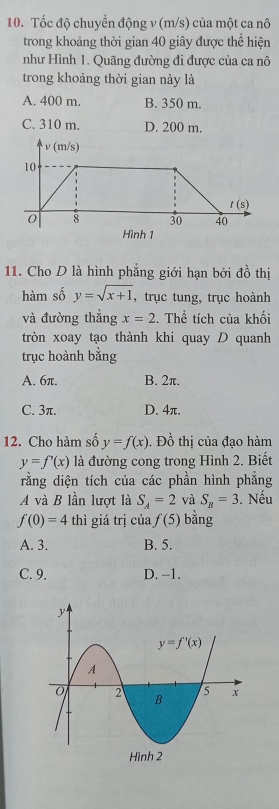 Tốc độ chuyển động v (m/s) của một ca nô
trong khoảng thời gian 40 giây được thể hiện
như Hình 1. Quãng đường đi được của ca nô
trong khoảng thời gian này là
A. 400 m. B. 350 m.
C. 310 m. D. 200 m.
ν (m/s)
10
t( s)
0 8 30 40
Hình 1
11. Cho D là hình phẳng giới hạn bởi đồ thị
hàm số y=sqrt(x+1) , trục tung, trục hoành
và đường thẳng x=2. Thể tích của khối
tròn xoay tạo thành khi quay D quanh
trục hoành bằng
A. 6π. B. 2π.
C. 3π. D. 4π.
12. Cho hàm số y=f(x). Đồ thị của đạo hàm
y=f'(x) là đường cong trong Hình 2. Biết
rằng diện tích của các phần hình phẳng
A và B lần lượt là S_A=2 và S_B=3. Nếu
f(0)=4 thì giá trị của f(5) bằng
A. 3. B. 5.
C. 9. D. -1.