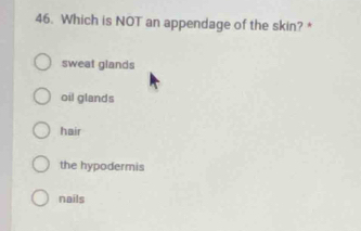 Which is NOT an appendage of the skin? *
sweat glands
oil glands
hair
the hypodermis
nails