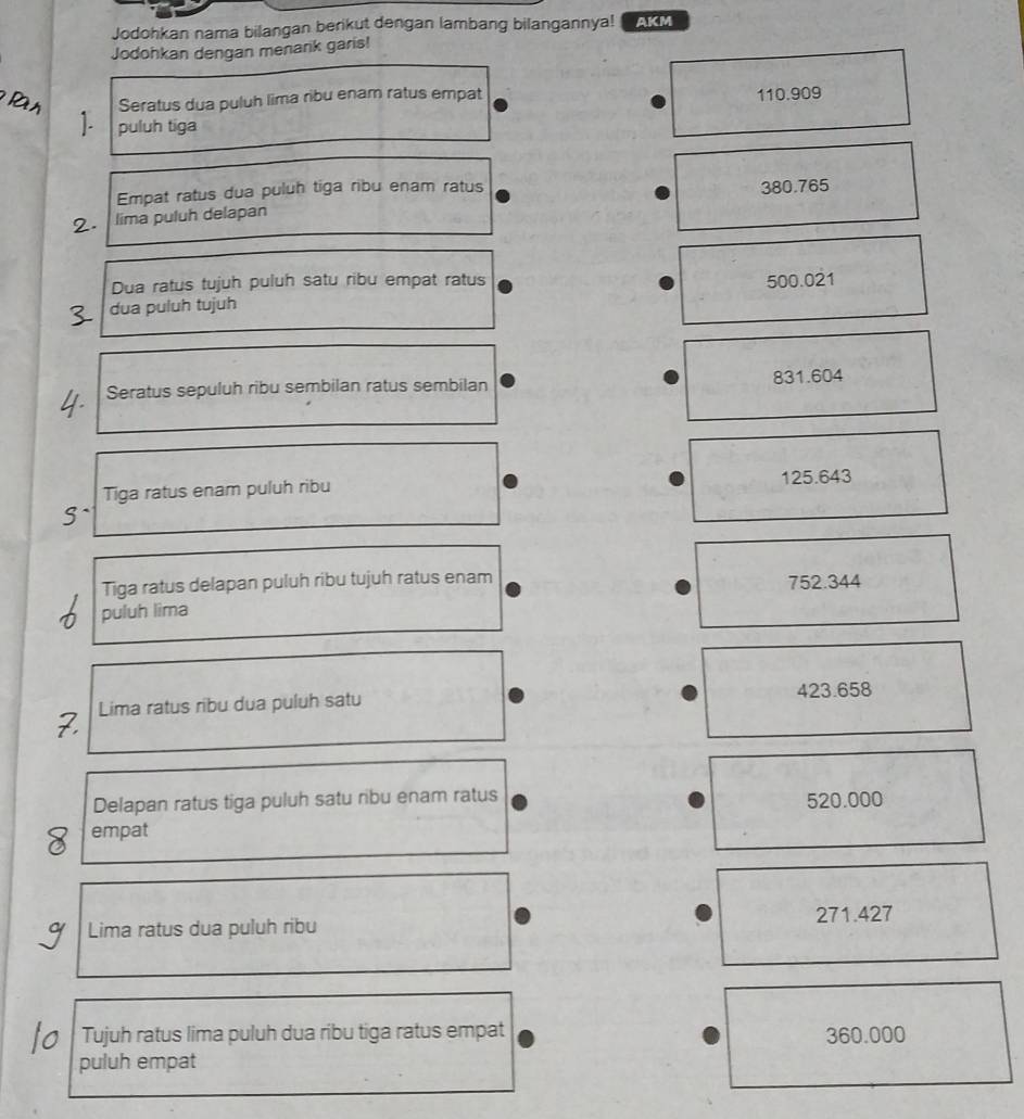 Jodohkan nama bilangan berikut dengan lambang bilangannya! AKM
Jodohkan dengan menarik garis!
Seratus dua puluh lima ribu enam ratus empat
110.909
1
puluh tiga
Empat ratus dua puluh tiga ribu enam ratus
380.765
lima puluh delapan
Dua ratus tujuh puluh satu ribu empat ratus 500.021
dua puluh tujuh
Seratus sepuluh ribu sembilan ratus sembilan 831.604
Tiga ratus enam puluh ribu 125.643
Tiga ratus delapan puluh ribu tujuh ratus enam
752.344
puluh lima
Lima ratus ribu dua puluh satu 423.658
I
Delapan ratus tiga puluh satu ribu enam ratus
520.000
empat
Lima ratus dua puluh ribu 271.427
Tujuh ratus lima puluh dua ribu tiga ratus empat 360.000
puluh empat