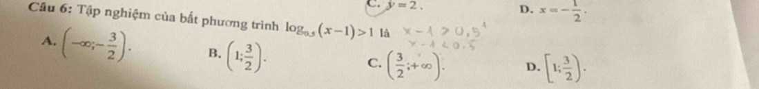 y=2. D. x=- 1/2 . 
Câu 6: Tập nghiệm của bất phương trình log _0.5(x-1)>1 là
A. (-∈fty ;- 3/2 ). B. (1; 3/2 ).
C. ( 3/2 ;+∈fty ). [1; 3/2 ). 
D.