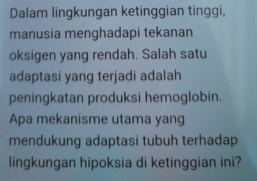 Dalam lingkungan ketinggian tinggi, 
manusia menghadapi tekanan 
oksigen yang rendah. Salah satu 
adaptasi yang terjadi adalah 
peningkatan produksi hemoglobin. 
Apa mekanisme utama yang 
mendukung adaptasi tubuh terhadap 
lingkungan hipoksia di ketinggian ini?