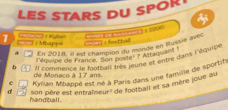 LES STARS DU SPOK.
PRENOM :Kylian ANNEE DE NAISLANCE 215 98
1 NOM : Mbappé smour : foo tball
a
En 2018, il est champion du monde en Russie avec
l'équipe de France. Son poste® ? Attaquant !
b Il commence le football très jeune et entre dans l'équipe
C
Kylian Mbappé est né à Paris dans une famille de sportifs
de Monaco à 17 ans.
d son père est entraîne eur^2 a de football et sa mère joue au
handball.