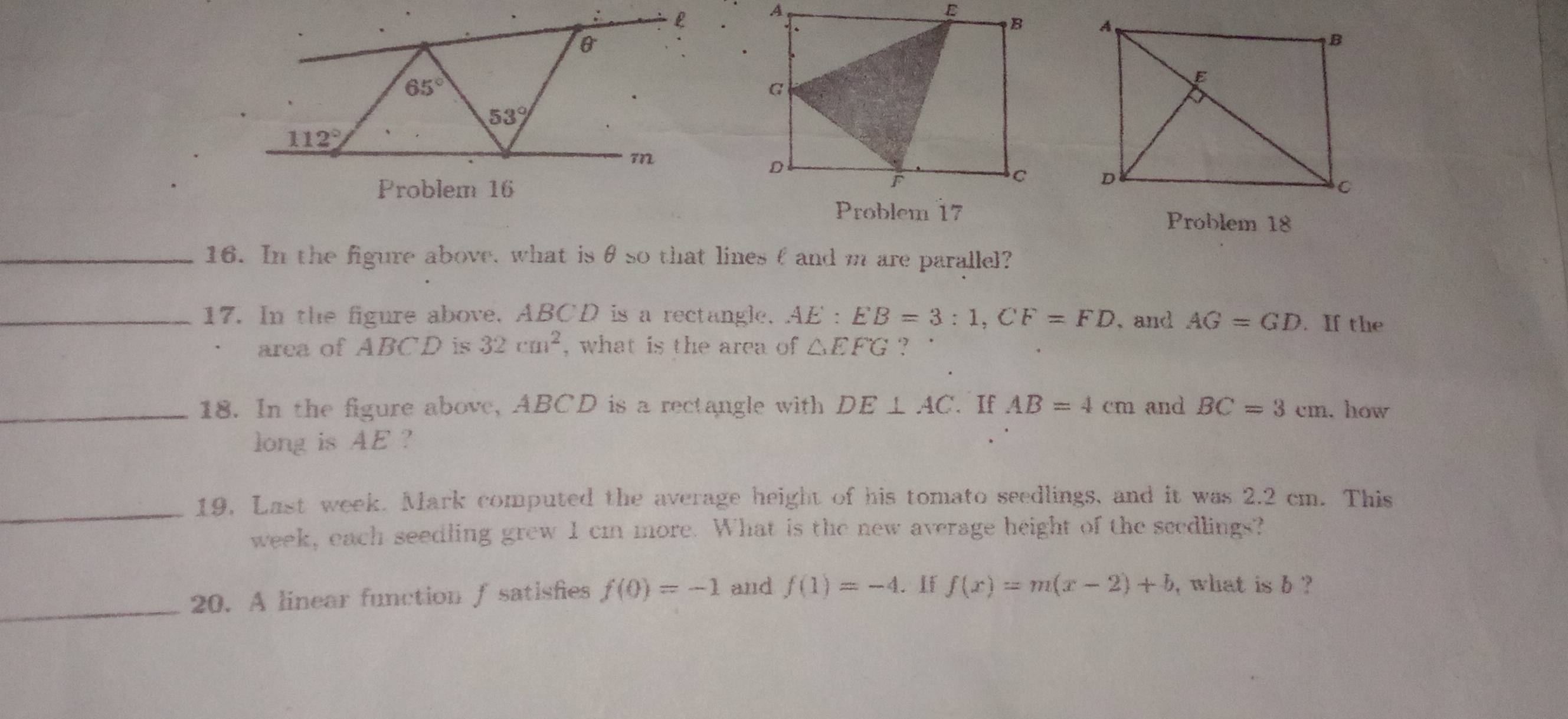 65°
53°
112°
m

Problem 16 
Problem 18 
_16. In the figure above, what isθso that lines θ and m are parallel? 
_17. In the figure above, ABCD is a rectangle, AE : EB=3:1, CF=FD , and AG=GD. If the 
area of ABCD is 32cm^2 , what is the arca of △ EFG ? 
_18. In the figure above, ABCD is a rectangle with DE⊥ AC. If AB=4cm and BC=3cm. how 
long is AE ? 
_19. Last week. Mark computed the average height of his tomato seedlings, and it was 2.2 cm. This 
week, each seedling grew I cm more. What is the new average height of the scedlings? 
_20. A linear function f satisfies f(0)=-1 and f(1)=-4. IF f(x)=m(x-2)+b , what is b ?