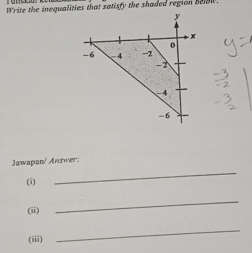 Write the inequalities that satisfy the shaded region below. 
Jawapan/ Answer: 
(i) 
_ 
(ii) 
_ 
(iii) 
_