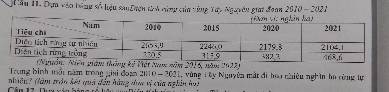 Dựa vào bảng số liệu sauDiện tích rừng của vùng Tây Nguyên giai đoạn 2010 - 2021 
hống kê Việt Nam năm 2016, năm 2022) 
Trung bình mỗi năm trong giai đoạn 2010-2021 , vùng Tây Nguyên mất đi bao nhiêu nghìn ha rừng tự 
nhiên? (làm tròn kết quả đến hàng đơn vị của nghìn ha) 
Câu 12