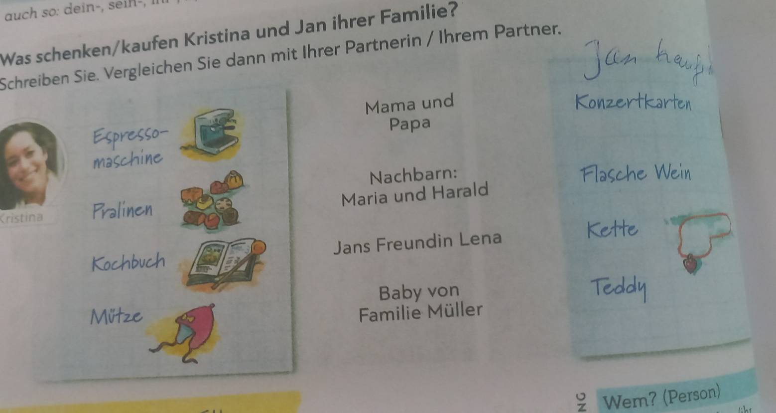 auch so: dein-, sein-, 
Was schenken/kaufen Kristina und Jan ihrer Familie? 
Schreiben Sie. Vergleichen Sie dann mit Ihrer Partnerin / Ihrem Partner. 
Mama und 
Papa 

. 
maco 
Nachbarn: 
Maria und Harald 
Kristina Pralinen 
Kochbuch Jans Freundin Lena 
Baby von 
Familie Müller 
Wem? (Person)