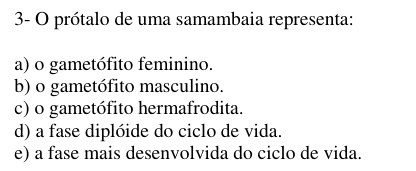 3- O prótalo de uma samambaia representa:
a) o gametófito feminino.
b) o gametófito masculino.
c) o gametófito hermafrodita.
d) a fase diplóide do ciclo de vida.
e) a fase mais desenvolvida do ciclo de vida.