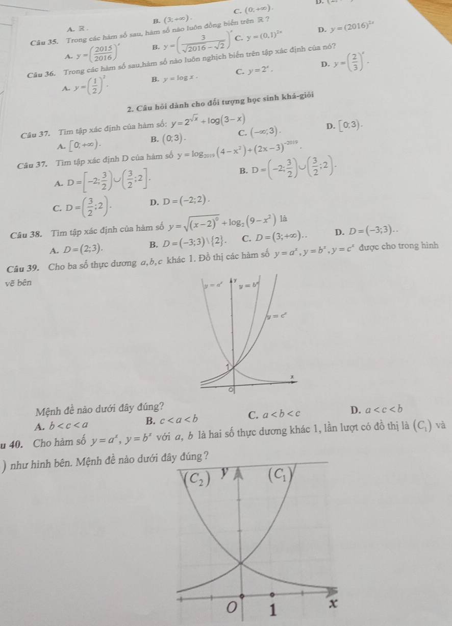 C. (0,+∈fty ). D.
B. (3;+∈fty ).
A. R .
D.
Câu 35. Trong các hàm số sau, hàm số nào luôn đồng biến trên R ?
A. y=( 2015/2016 )^x B. y=( 3/sqrt(2016)-sqrt(2) )^x C. y=(0.1)^2x y=(2016)^2x
Cầu 36. Trong các hàm số sau,hàm số nào luôn nghịch biến trên tập xác định của nó?
D.
A. y=( 1/2 )^2. B. y=log x. C. y=2^x. y=( 2/3 )^x.
2. Câu hỏi dành cho đổi tượng học sinh khá-giỏi
Câu 37. Tìm tập xác định của hàm số: y=2^(sqrt(x))+log (3-x)
A. [0,+∈fty ). B. (0,3). C. (-∈fty ;3). D. [0,3).
Câu 37. Tìm tập xác định D của hàm số y=log _2019(4-x^2)+(2x-3)^-2019.
A. D=[-2; 3/2 )∪ ( 3/2 ;2].
B. D=(-2; 3/2 )∪ ( 3/2 ;2).
C. D=( 3/2 ;2). D. D=(-2;2).
Câu 38. Tìm tập xác định của hàm số y=sqrt((x-2)^0)+log _2(9-x^2) là
A. D=(2;3). B. D=(-3;3) 2 . C. D=(3;+∈fty ).. D. D=(-3;3)..
Câu 39. Cho ba số thực dương a,b,c khác 1. Đồ thị các hàm số y=a^x,y=b^x,y=c^x được cho trong hình
vẽ bên
Mệnh đề nào dưới đây đúng?
A. b B. c C. a D. a
u 40. Cho hàm số y=a^x,y=b^x với a, b là hai số thực dương khác 1, lần lượt có đồ thị là (C_1) và
) như hình bên. Mệnh đề nào dướ ?