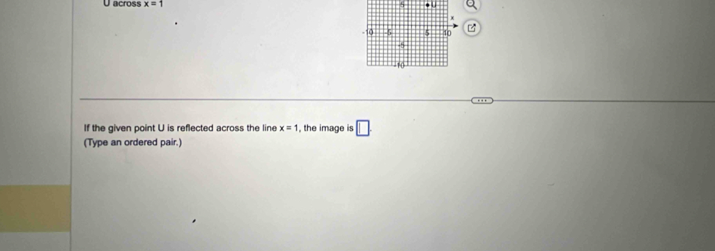 across x=1
If the given point U is reflected across the line x=1 , the image is □ . 
(Type an ordered pair.)