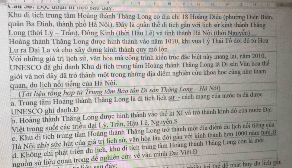 3 5 6 7 8 · 10 11 12 13 1 14 15 16 17
Cầu Sự. Đọc đoạn tư nợuSa 
nguồn sử liệu quan trọng 
sâu sau đây: 
iể u lợi thể để phát huy du lịch găn