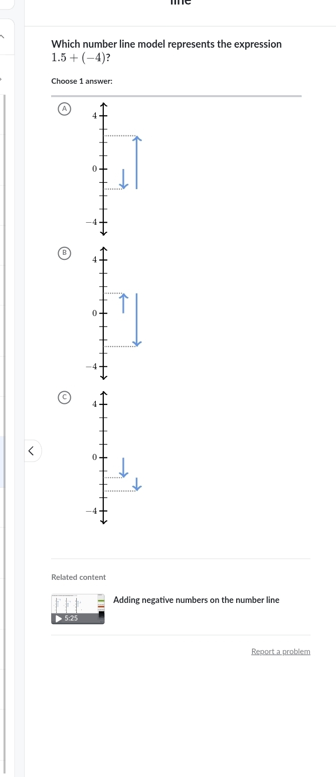 Which number line model represents the expression
1.5+(-4) ?
Choose 1 answer:
4
0
-4
4
0
-4
4
0
-4
Related content
Adding negative numbers on the number line
Report a problem