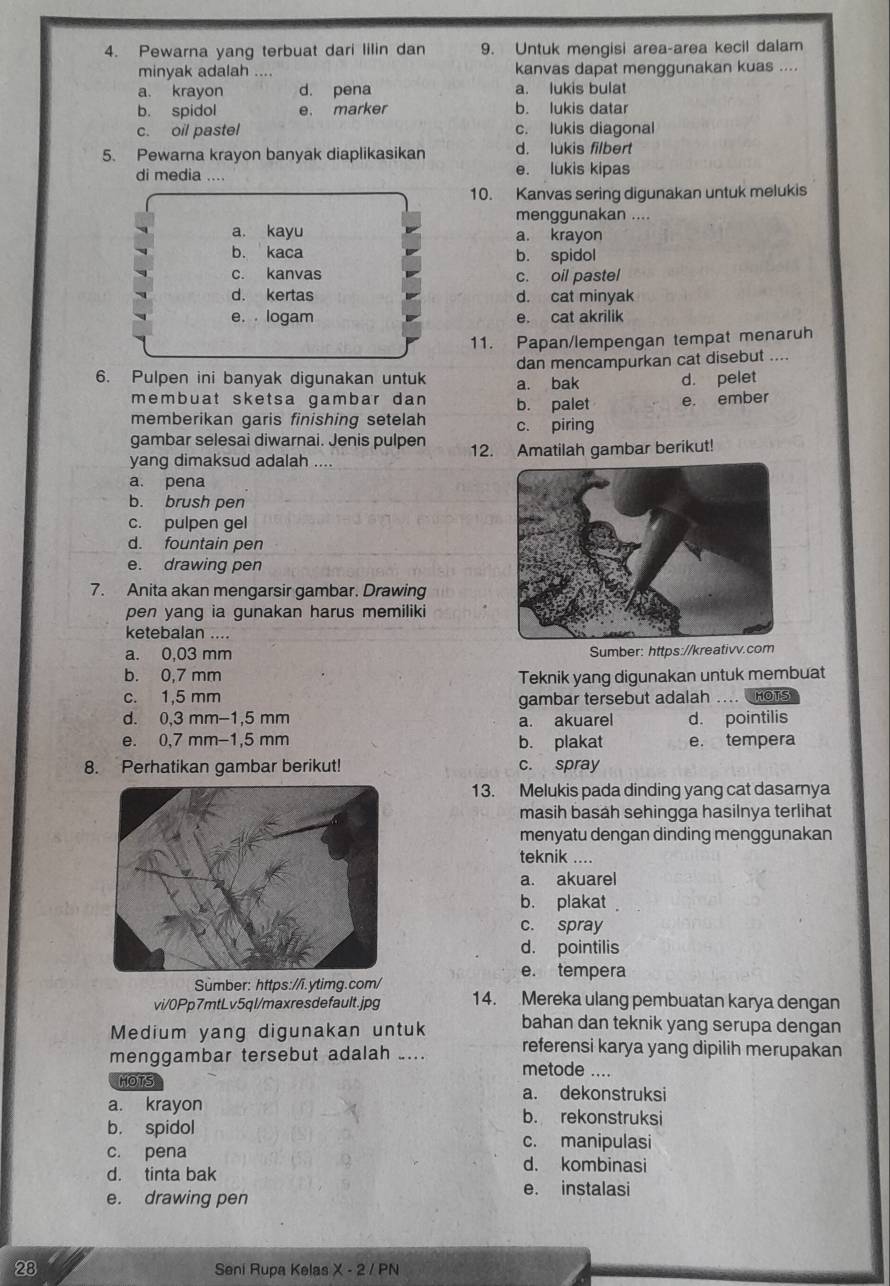 Pewarna yang terbuat dari lilin dan 9. Untuk mengisi area-area kecil dalam
minyak adalah .... kanvas dapat menggunakan kuas ....
a krayon d. pena a. lukis bulat
b. spidol e. marker b. lukis datar
c. oil pastel c. lukis diagonal
5. Pewarna krayon banyak diaplikasikan d. lukis filbert
di media .... e. lukis kipas
10. Kanvas sering digunakan untuk melukis
menggunakan ....
a. kayu a. krayon
b. kaca b. spidol
c. kanvas c. oil pastel
d. kertas d. cat minyak
e.  logam e. cat akrilik
11. Papan/lempengan tempat menaruh
6. Pulpen ini banyak digunakan untuk a. bak dan mencampurkan cat disebut ....
d. pelet
membuat sketsa gambar dan b. palet e. ember
memberikan garis finishing setelah
gambar selesai diwarnai. Jenis pulpen c. piring
yang dimaksud adalah .... 12. Amatilah gambar berikut!
a. pena
b. brush pen
c. pulpen gel
d. fountain pen
e. drawing pen
7. Anita akan mengarsir gambar. Drawing
pen yang ia gunakan harus memiliki
ketebalan ....
a. 0,03 mm Sumber: https://kreativv.com
b. 0,7 mm Teknik yang digunakan untuk membuat
c. 1,5 mm
gambar tersebut adalah .... HoTS
d. 0,3 mm-1,5 mm a. akuarel d. pointilis
e. 0,7 mm−1,5 mm b. plakat e. tempera
8. Perhatikan gambar berikut! c. spray
13. Melukis pada dinding yang cat dasarnya
masih basah sehingga hasilnya terlihat
menyatu dengan dinding menggunakan
teknik ....
a. akuarel
b. plakat
c. spray
d. pointilis
e. tempera
Sumber: https://ī.ytimg.com/
vi/0Pp7mtLv5ql/maxresdefault.jpg 14. Mereka ulang pembuatan karya dengan
Medium yang digunakan untuk bahan dan teknik yang serupa dengan
menggambar tersebut adalah .... referensi karya yang dipilih merupakan
metode ....
HOTS
a. dekonstruksi
a. krayon b. rekonstruksi
b. spidol
c. manipulasi
c. pena d. kombinasi
d. tinta bak
e. drawing pen e. instalasi
28 Seni Rupa Kelas X - 2 / PN