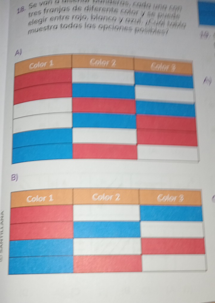 Se văn a arsnat panaeras, chán ung c on 
tres franias de diferente colo r y s e pue d 
elegir entre rojo, blanco y azul. ¡Cua m ga 
muestra todas las opciones posiole 
4 
B) 
: