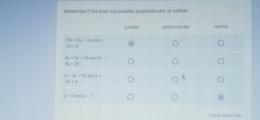 Determine if the lines are parallel, perpendicular, or neither.
Clear selection