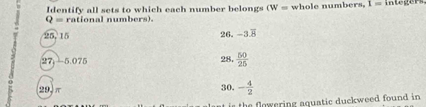 Identify all sets to which each number belongs (W= whole numbers, I= integers
Q= rational numbers).
25. 15 26. -3.overline 8
27 -5.075 28,  50/25 
29, π 30. - 4/2 
the owering aquatic duckweed found in