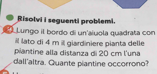 Risolvi i seguenti problemi. 
Lungo il bordo di un’aiuola quadrata con 
il lato di 4 m il giardiniere pianta delle 
piantine alla distanza di 20 cm l’una 
dall’altra. Quante piantine occorrono?