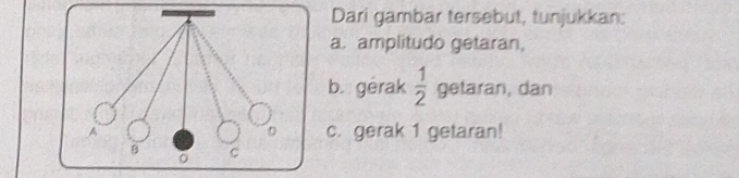 Dari gambar tersebut, tunjukkan: 
a. amplitudo getaran, 
b. gérak  1/2  getaran, dan 
c. gerak 1 getaran!