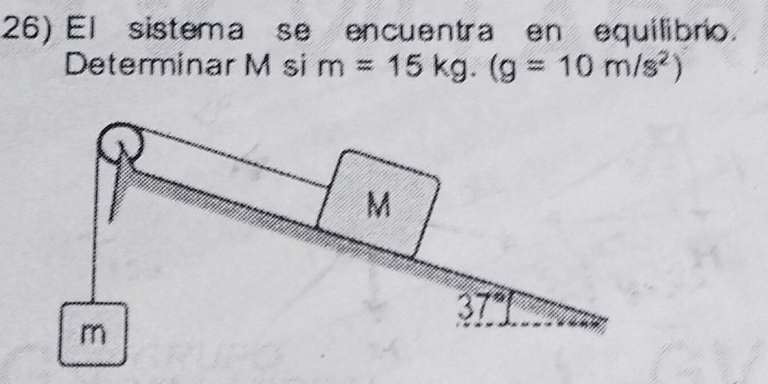 El sistema se encuentra en equilibro.
Determinar M si m=15kg.(g=10m/s^2)