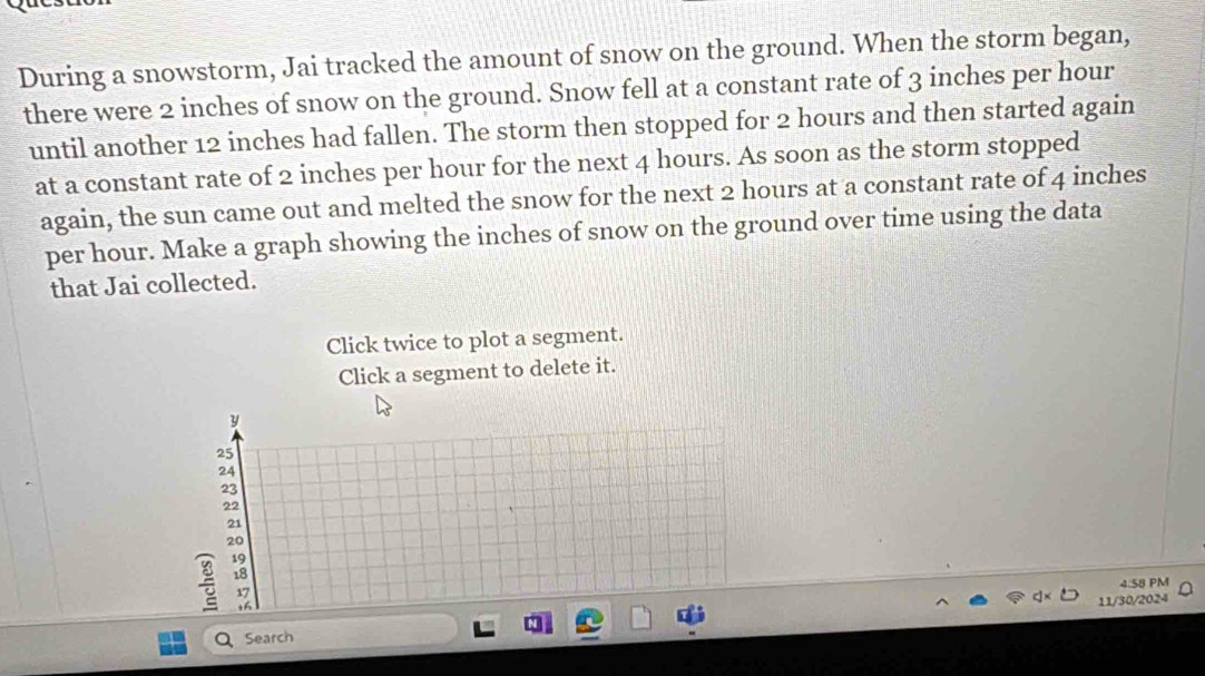 During a snowstorm, Jai tracked the amount of snow on the ground. When the storm began, 
there were 2 inches of snow on the ground. Snow fell at a constant rate of 3 inches per hour
until another 12 inches had fallen. The storm then stopped for 2 hours and then started again 
at a constant rate of 2 inches per hour for the next 4 hours. As soon as the storm stopped 
again, the sun came out and melted the snow for the next 2 hours at a constant rate of 4 inches
per hour. Make a graph showing the inches of snow on the ground over time using the data 
that Jai collected. 
Click twice to plot a segment. 
Click a segment to delete it.
y
25
24
23
22
21
20
19
18
4.58 PM
17
th 
11/30/2024 
Q Search