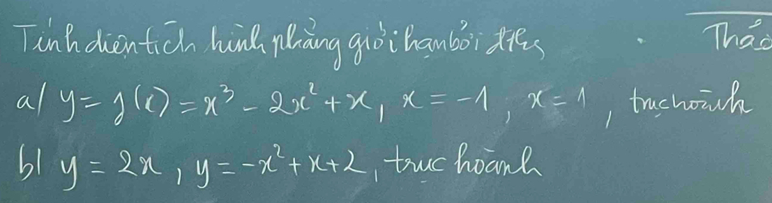 Tinhdientich hnd pāng guòihamboi diés Thao
al y=g(x)=x^3-2x^2+x, x=-1, x=1 , tuchoich
61 y=2x, y=-x^2+x+2 uo hoand