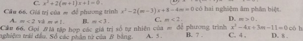 C. x^2+2(m+1)x+1=0. 
Câu 66. Giá trị của m để phương trình x^2-2(m-3)x+8-4m=0 có hai nghiệm âm phân biệt.
A. m<2</tex> và m!= 1. B. m<3</tex>. C. m<2</tex>. D. m>0. 
Câu 66. Gọi Blà tập hợp các giá trị số tự nhiên của m để phương trình x^2-4x+3m-11=0 có h
nghiệm trái dấu. Số các phần tử của B băng. A. 5. B. 7 . C. 4. D. 8.