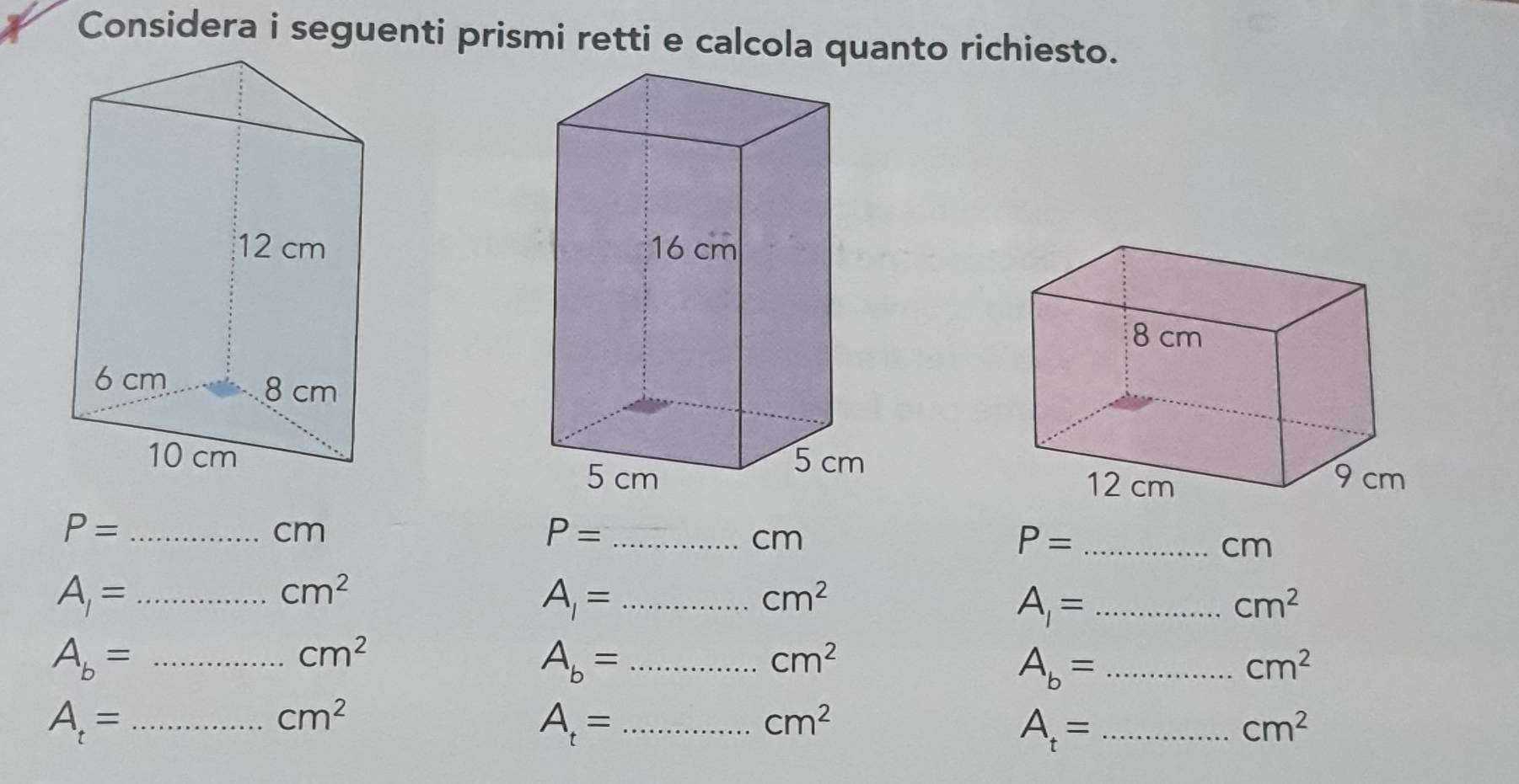 Considera i seguenti prismi retti e calcola quanto richiesto.

P= _
cm
_ P=
cm
_ P=
cm
_ A_1=
cm^2
_ A_1=
cm^2
_ A_1=
cm^2
_ A_b=
cm^2
_ A_b=
cm^2
A_b= _ 
cm^2
A_t= _
cm^2
_ A_t=
cm^2
_ A_t=
cm^2