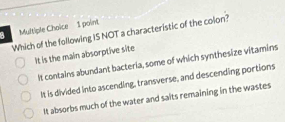 Which of the following IS NOT a characteristic of the colon?
It is the main absorptive site
It contains abundant bacteria, some of which synthesize vitamins
It is divided into ascending, transverse, and descending portions
It absorbs much of the water and salts remaining in the wastes