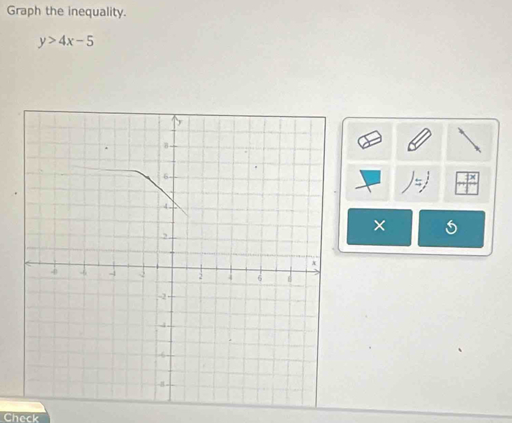 Graph the inequality.
y>4x-5
× 
Check