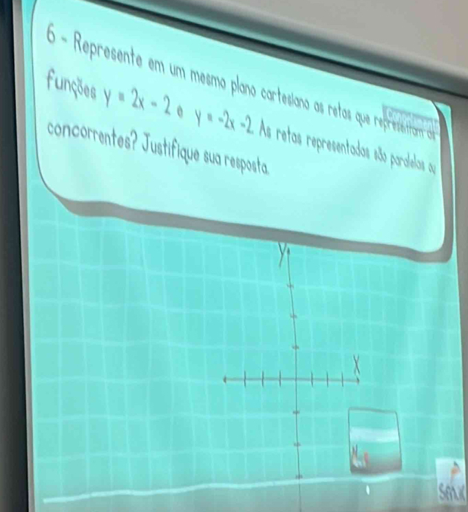 Represente em um mesmo plano cartesiana as retas que represenram a
funções y=2x-2 y=-2x-2
concorrentes? Justifique sua resposta As retas representadas são paralelas qu
Seaic