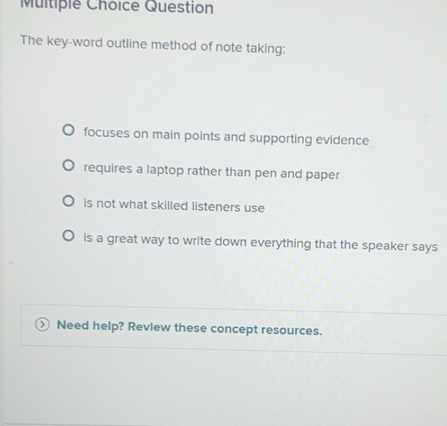 Solved: Question The key-word outline method of note taking: focuses on ...
