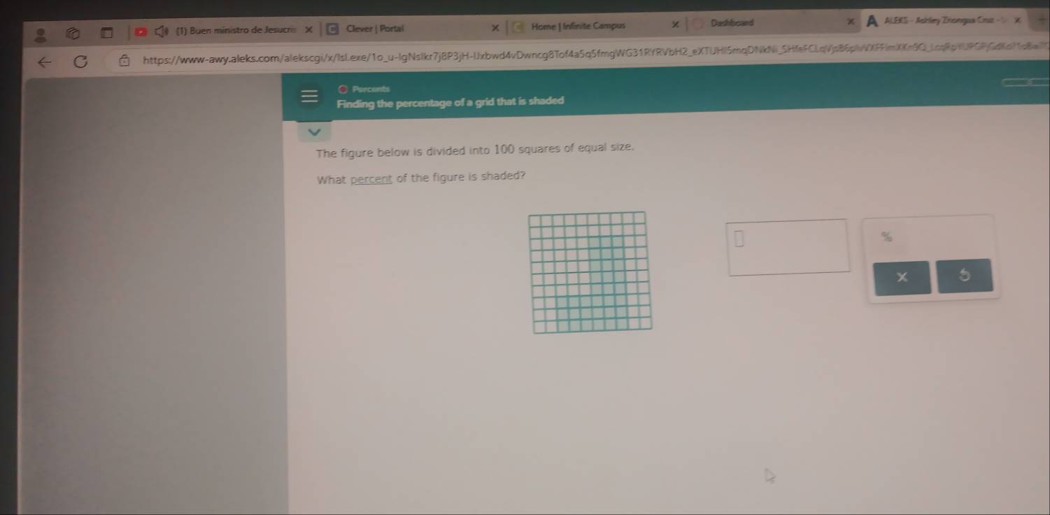 (1) Buen ministro de Jesucris Clever | Portal Home | Infinite Campus Dashlboard ALEKS - Ackley Tnonguus Crus X 
C https://www-awy.aleks.com/alekscgi/x/IsI.exe/1o_u-IgNslkr7j8P3jH-Jxbwd4vDwncg87of4a5q5fmgWG31RYRVbH2_eXTUHI5mqDNkNi_5HfeFCLqVjs86plvVXFFlmXKn9Q_lcqRpYUPGPjGdKc71c8w7f 
〇 Percents 
Finding the percentage of a grid that is shaded 
The figure below is divided into 100 squares of equal size. 
What percent of the figure is shaded?
%
x 5