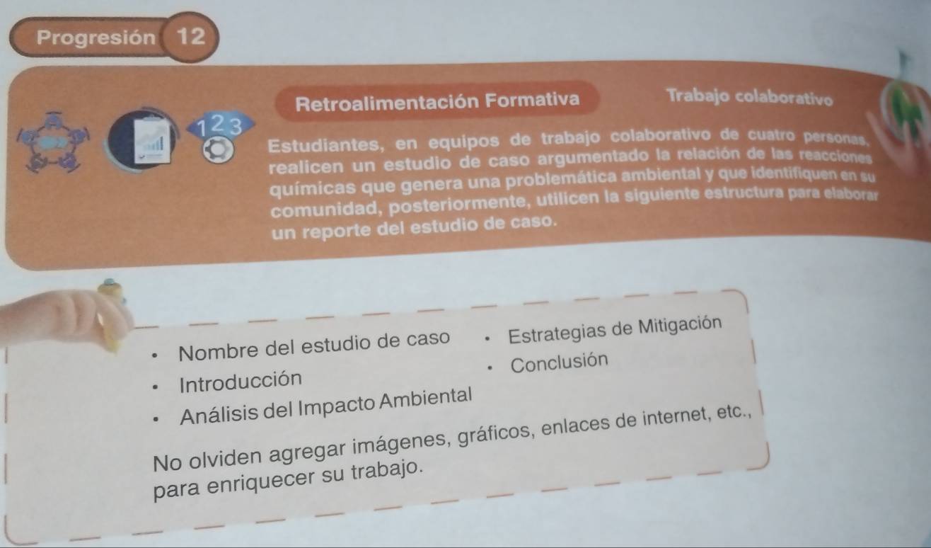 Progresión 12 
Retroalimentación Formativa 
Trabajo colaborativo
123
Estudiantes, en equipos de trabajo colaborativo de cuatro personas. 
realicen un estudio de caso argumentado la relación de las reacciones 
químicas que genera una problemática ambiental y que identifiquen en su 
comunidad, posteriormente, utilicen la siguiente estructura para elaborar 
un reporte del estudio de caso. 
Nombre del estudio de caso · Estrategias de Mitigación 
Introducción Conclusión 
Análisis del Impacto Ambiental 
No olviden agregar imágenes, gráficos, enlaces de internet, etc., 
para enriquecer su trabajo.