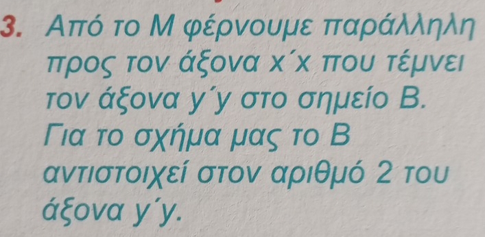 Από το Μ φέρνουμε παράλληλη
προς τον άξονα κίχ που τέμνει 
τον άξονα у´у στο σημείο В. 
Για το σχήμα μας το Β
αντιστοιχεί στον αριθμό 2 του 
áξova y´y.