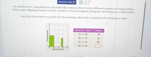 Boolnwork code: 4C allowed Calculatós
An electronics manufacturer recorded the battery life of some different models of mobile phone
They have displayed some of their results in the incomplete histogram and frequency table below.
Use this information to work out the missing value that completes the frequency table.
Batsery life Chowrs)