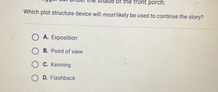 the shade of the front porch.
Which plot structure device will most likely be used to continue the story?
A. Exposition
B. Point of view
C. Kenning
D. Flashback