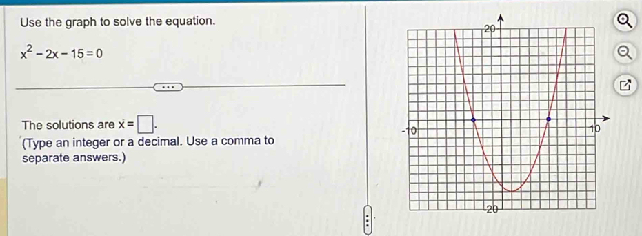 Use the graph to solve the equation.
x^2-2x-15=0
The solutions are x=□. 
(Type an integer or a decimal. Use a comma to 
separate answers.)