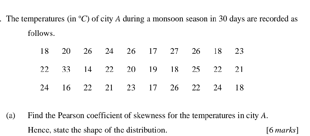 The temperatures (in°C) of city A during a monsoon season in 30 days are recorded as 
follows.
18 20 26 24 26 17 27 26 18 23
22 33 14 22 20 19 18 25 22 21
24 16 22 21 23 17 26 22 24 18
(a) Find the Pearson coefficient of skewness for the temperatures in city A. 
Hence, state the shape of the distribution. [6 marks]