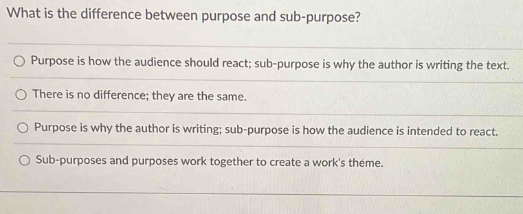 Solved: What is the difference between purpose and sub-purpose? Purpose ...