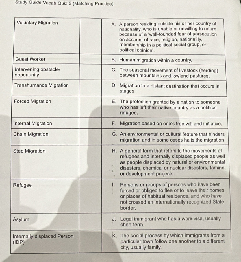 Study Guide Vocab Quiz 2 (Matching Practice)