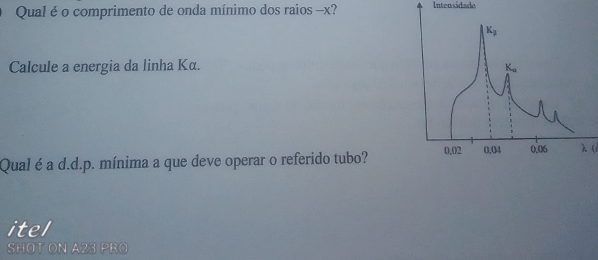 Qual é o comprimento de onda mínimo dos raios -x? Intensidade
Calcule a energia da linha Kα. 
Qual é a d.d.p. mínima a que deve operar o referido tubo?
λ 
itel
SHOT ON A23 PRO