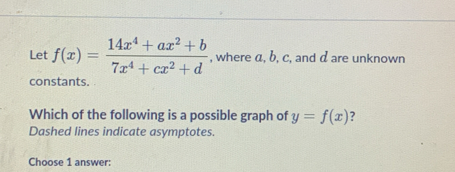 Let f(x)= (14x^4+ax^2+b)/7x^4+cx^2+d  , where a, b, c, and d are unknown 
constants. 
Which of the following is a possible graph of y=f(x) ? 
Dashed lines indicate asymptotes. 
Choose 1 answer: