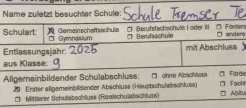 Name zuletzt besuchter Schule: 
Schulart: Gemeinschaftsschule Berufsfachschule I oder III Forders 
Gymnasium Berufsschule andere 
Entlassungsjahr: mit Abschluss 
aus Klasse: 
Allgemeinbildender Schulabschluss: ohne Abschluss Förde 
Erster allgemeinbildender Abschluss (Hauptschulabschluss) Fachl 
Mittlerer Schulabschluss (Realschulabschluss) Abitu