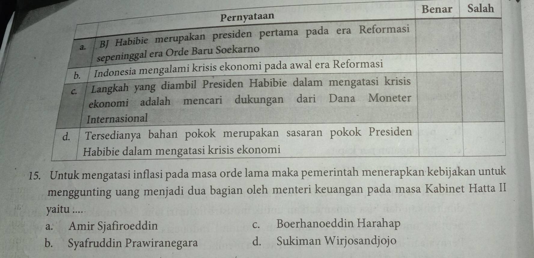 Benar Salah
menggunting uang menjadi dua bagian oleh menteri keuangan pada masa Kabinet Hatta II
yaitu .....
a. Amir Sjafiroeddin c. Boerhanoeddin Harahap
b. Syafruddin Prawiranegara d. Sukiman Wirjosandjojo