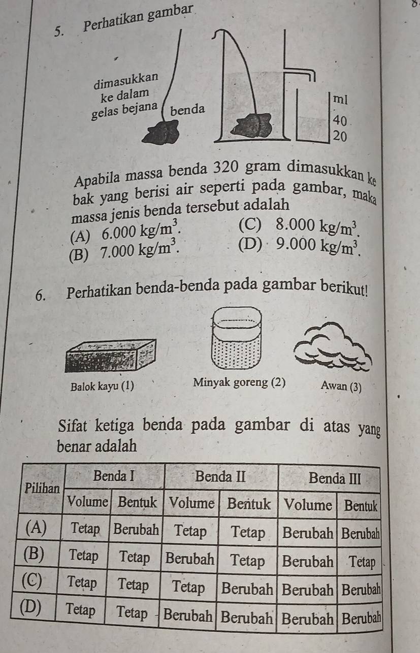 Perhatikan gambar
dimasukkan
ke dalam
gelas bejana bend
Apabila massa benda 320 gram dimasukkan ke
bak yang berisi air seperti pada gambar, maka
massa jenis benda tersebut adalah
(A) 6.000kg/m^3.
(C) 8.000kg/m^3.
(B) 7.000kg/m^3.
(D) 9.000kg/m^3. 
6. Perhatikan benda-benda pada gambar berikut!
Balok kayu (1) Minyak goreng (2) Awan (3)
Sifat ketiga benda pada gambar di atas yang
benar adalah