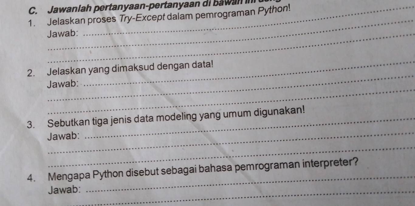 Jawanlah pertanyaan-pertanyaan di bawan i 
_ 
1. Jelaskan proses Try-Except dalam pemrograman Python! 
Jawab: 
_ 
_ 
2. Jelaskan yang dimaksud dengan data! 
_ 
Jawab: 
_ 
3. Sebutkan tiga jenis data modeling yang umum digunakan! 
Jawab: 
_ 
_ 
4. Mengapa Python disebut sebagai bahasa pemrograman interpreter? 
Jawab: